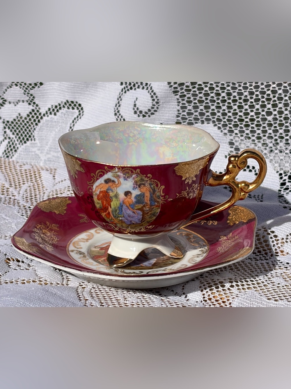 ❤️Mid-Century Vintage Shafford Cranberry & Gold Footed Demitasse Cup & Saucer